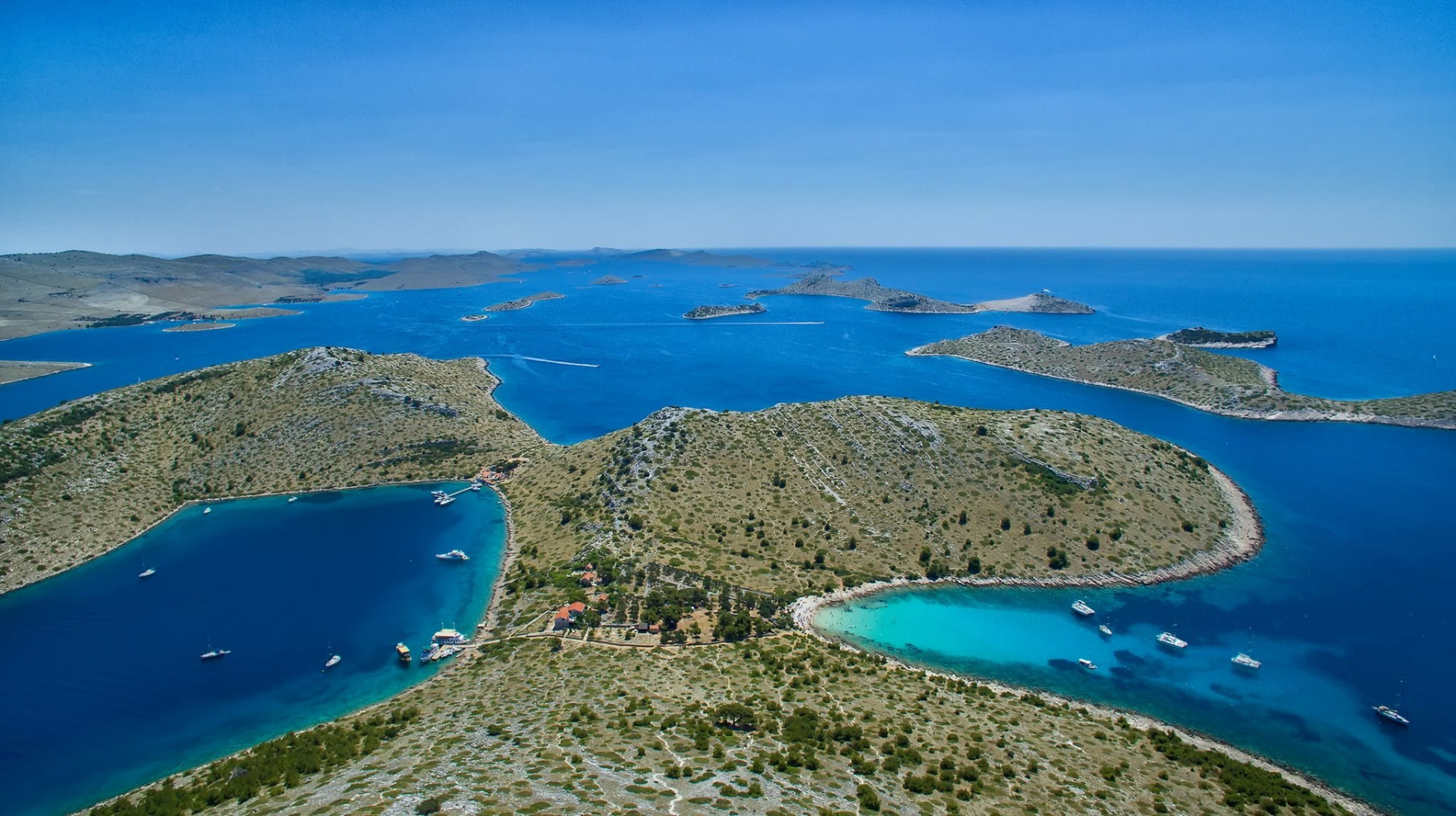 The islands and turquoise coves of the Kornati archipelago from the air