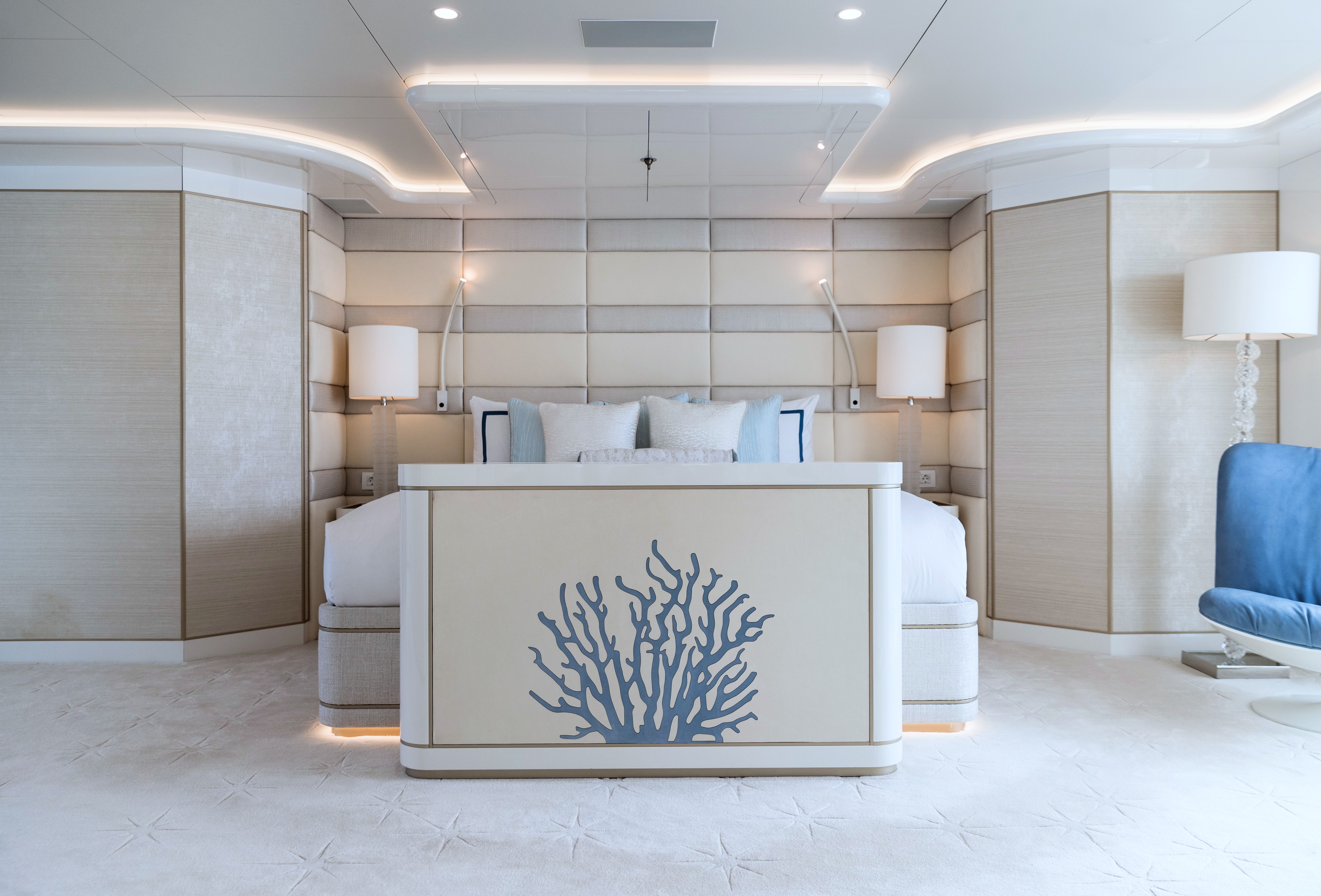 Coral Ocean's light master cabin with a coral motif. Photo: Ahoy Club