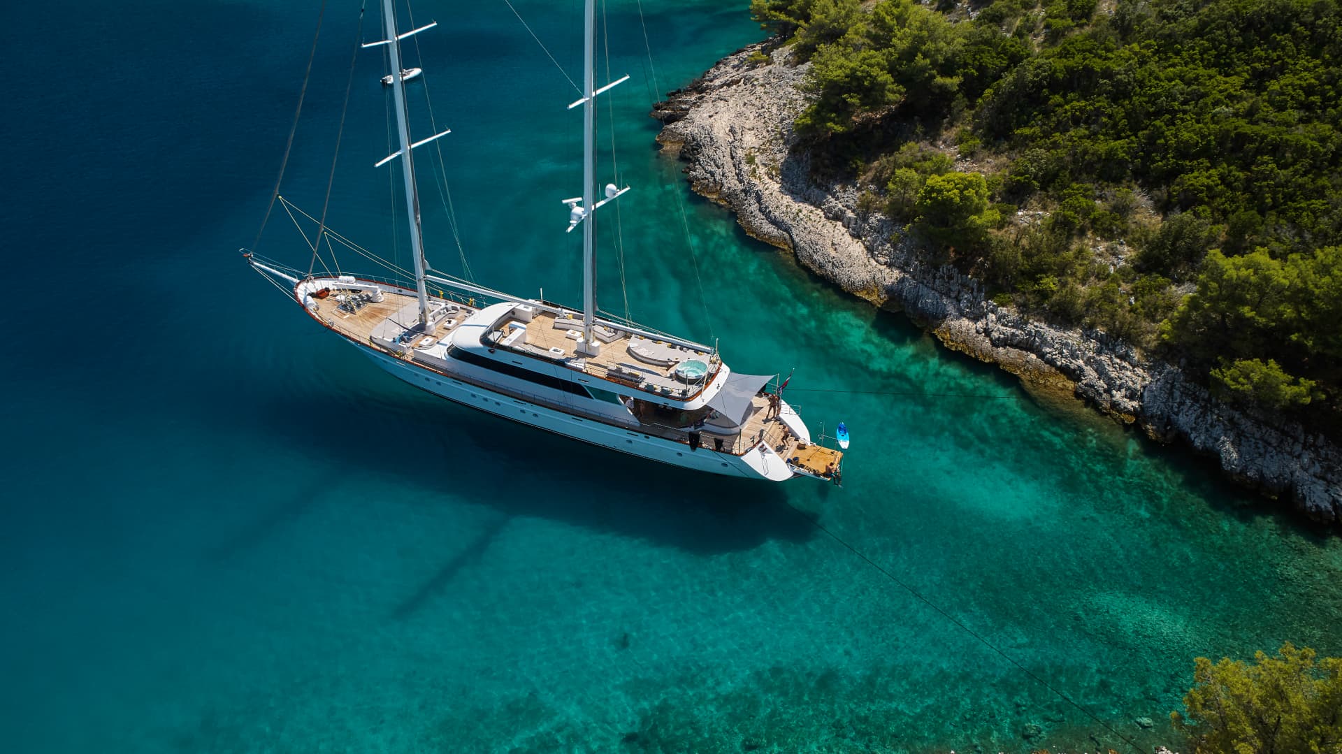 Lady Gita aerial view anchored in a sheltered Adriatic cove