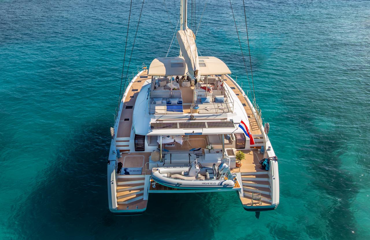 Floramye seen from above at the stern with her tender on the swim platform