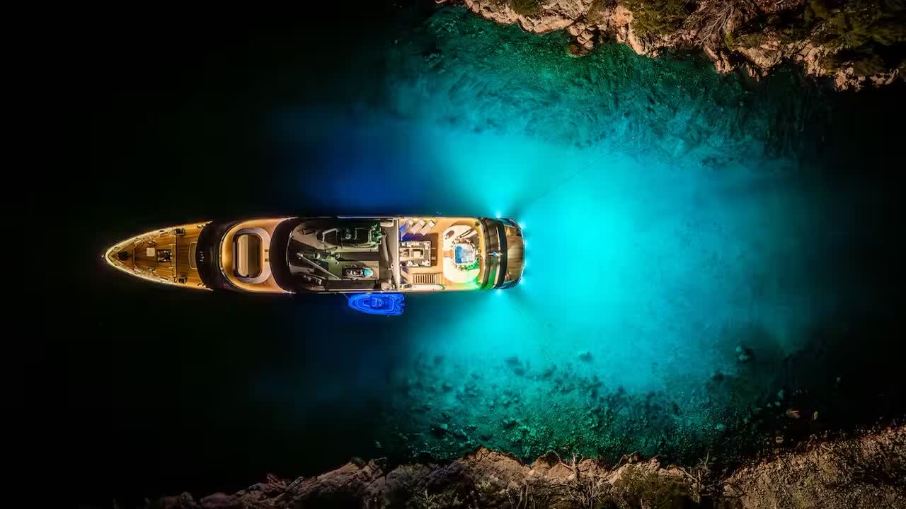 Freedom lit up at anchor at night, seen from the air