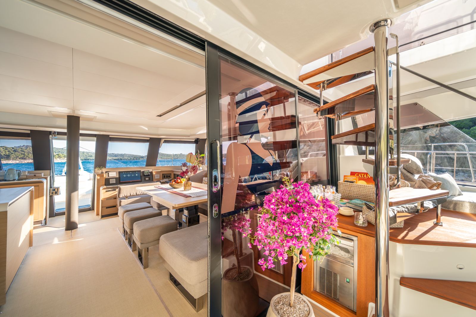 Floramye's salon opening onto the aft cockpit lounge