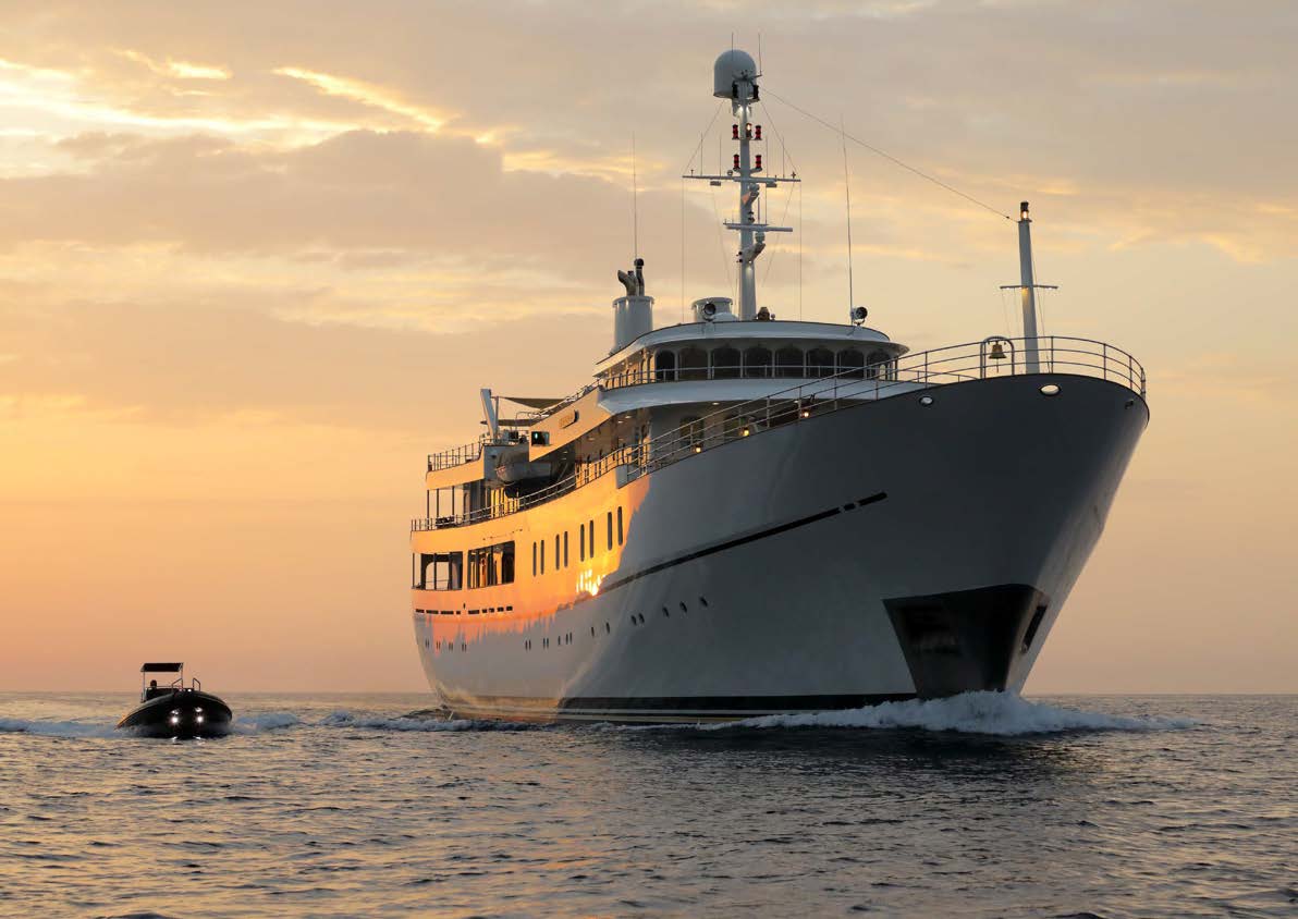 Sherakhan at anchor in golden sunset light