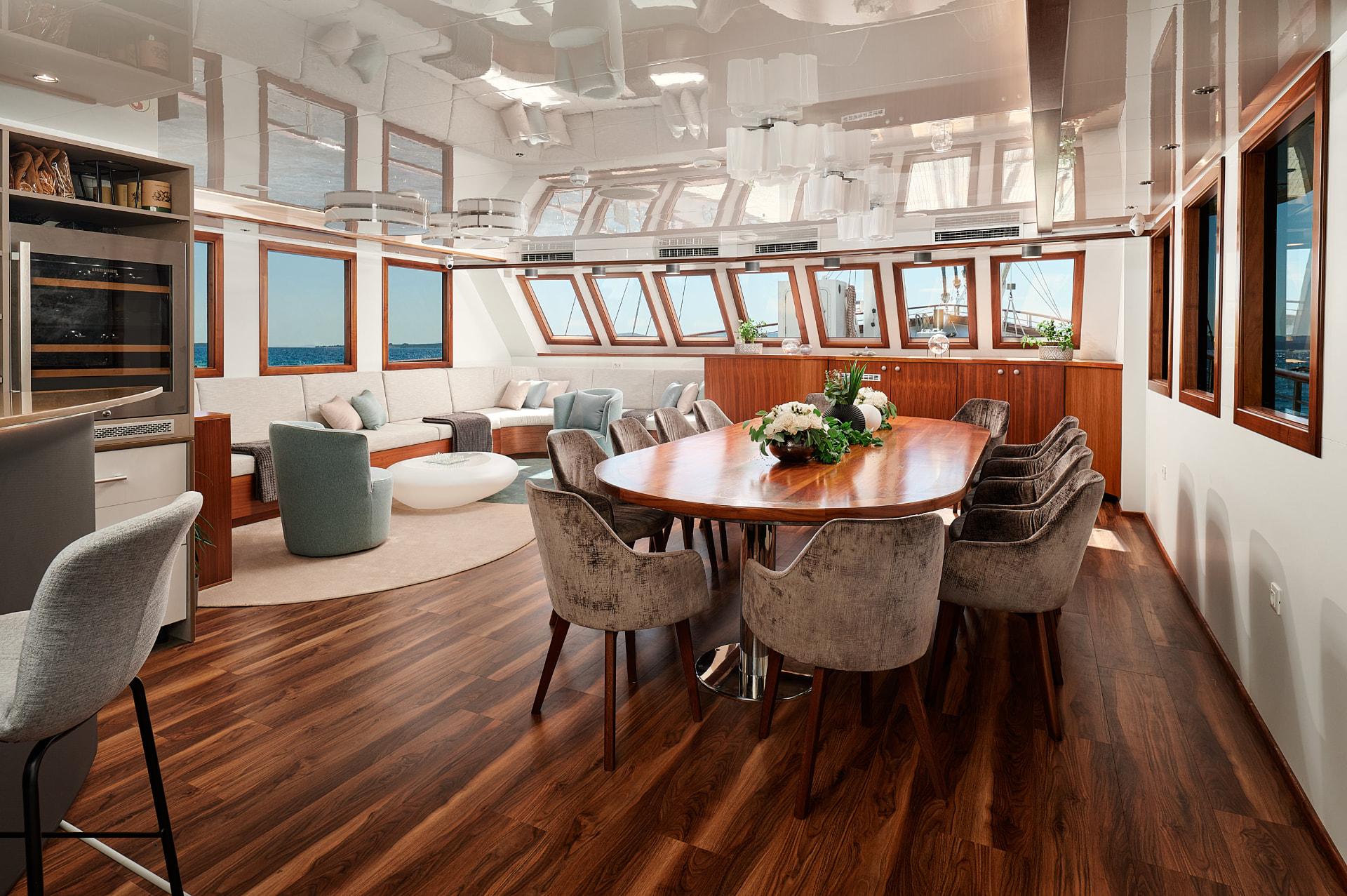 Corsario's elegant indoor dining and lounge with sea views