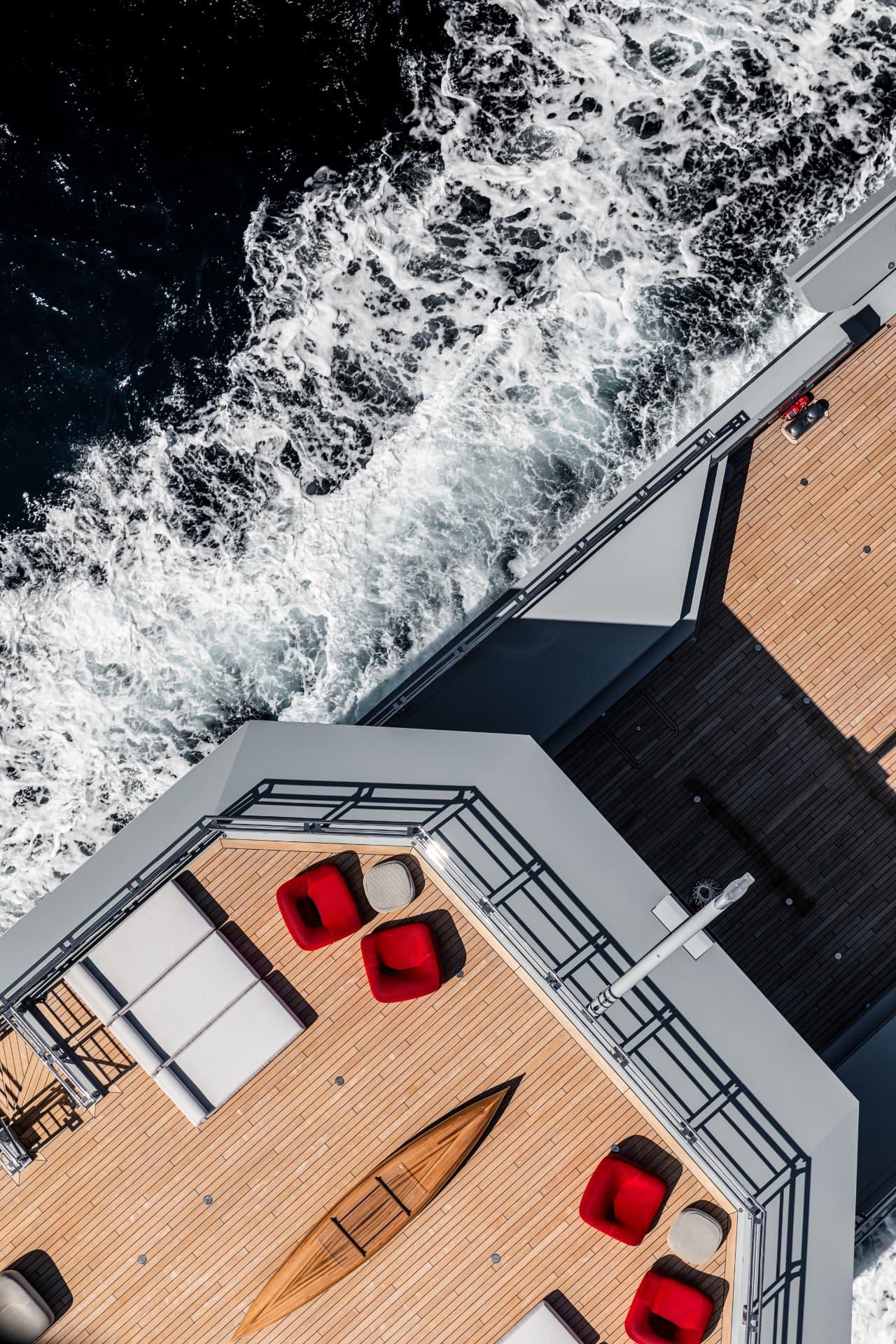 Bold's aft deck lounge seen from above while underway