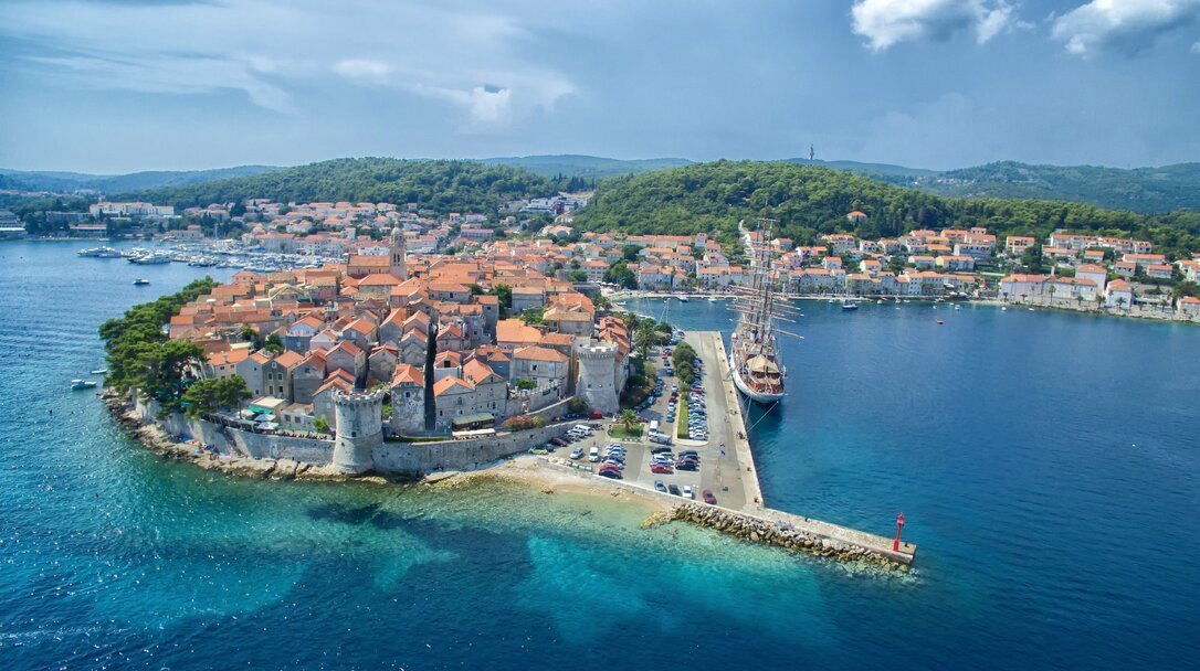 Korčula old town on its peninsula from the air