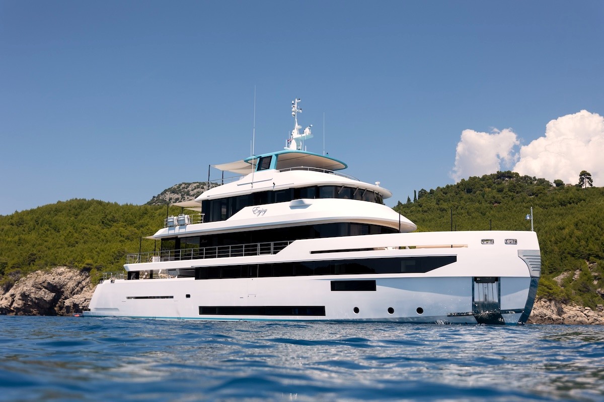 Benetti Enjoy at anchor off a green Croatian island