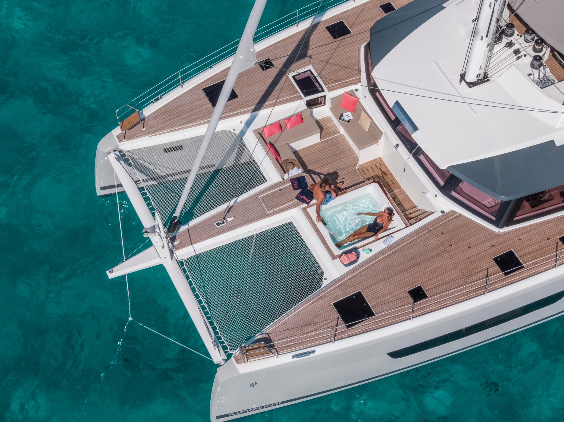 Floramye's forward jacuzzi and trampolines seen from above