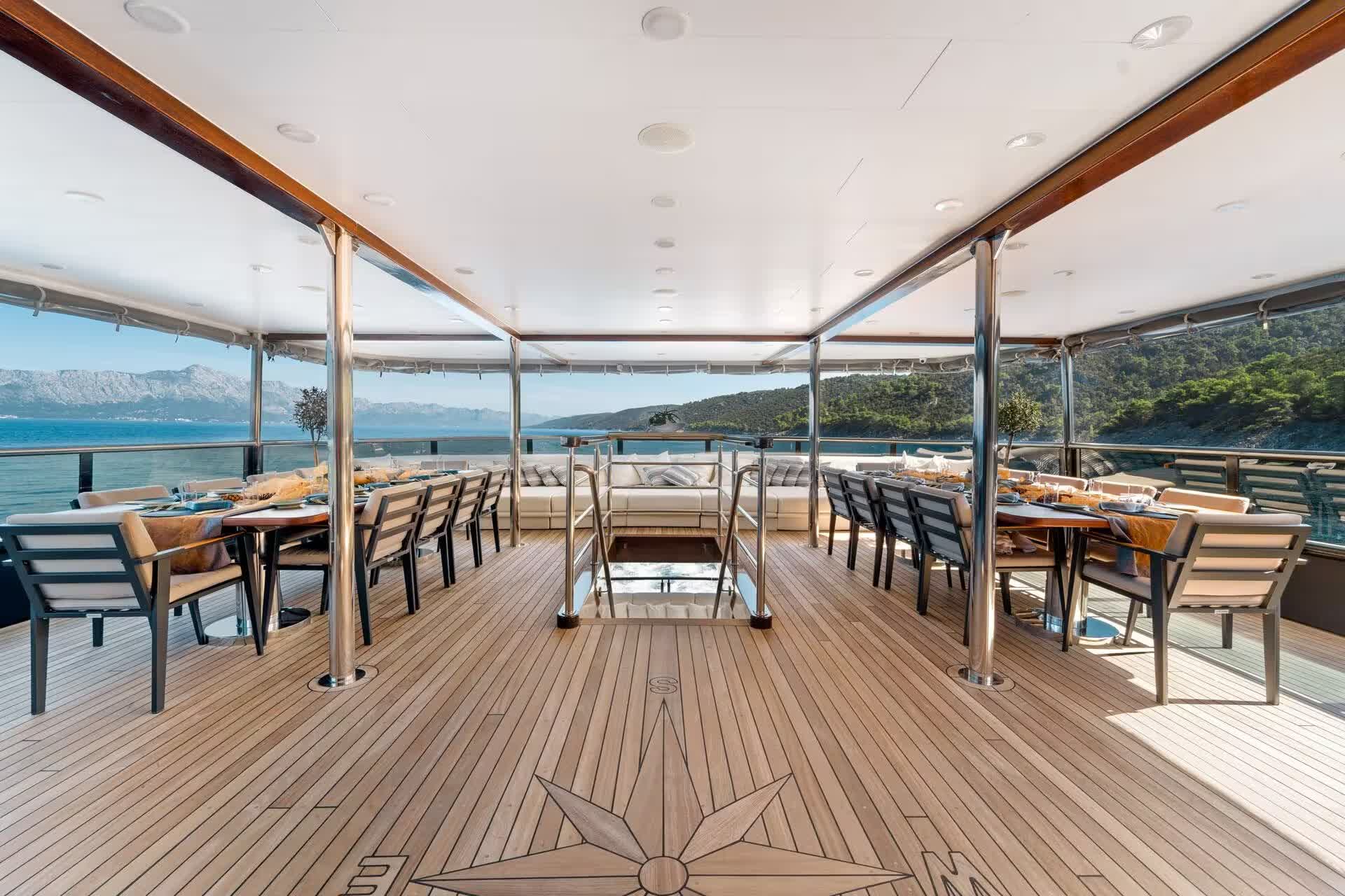 Freedom's al fresco dining table on the upper deck aft