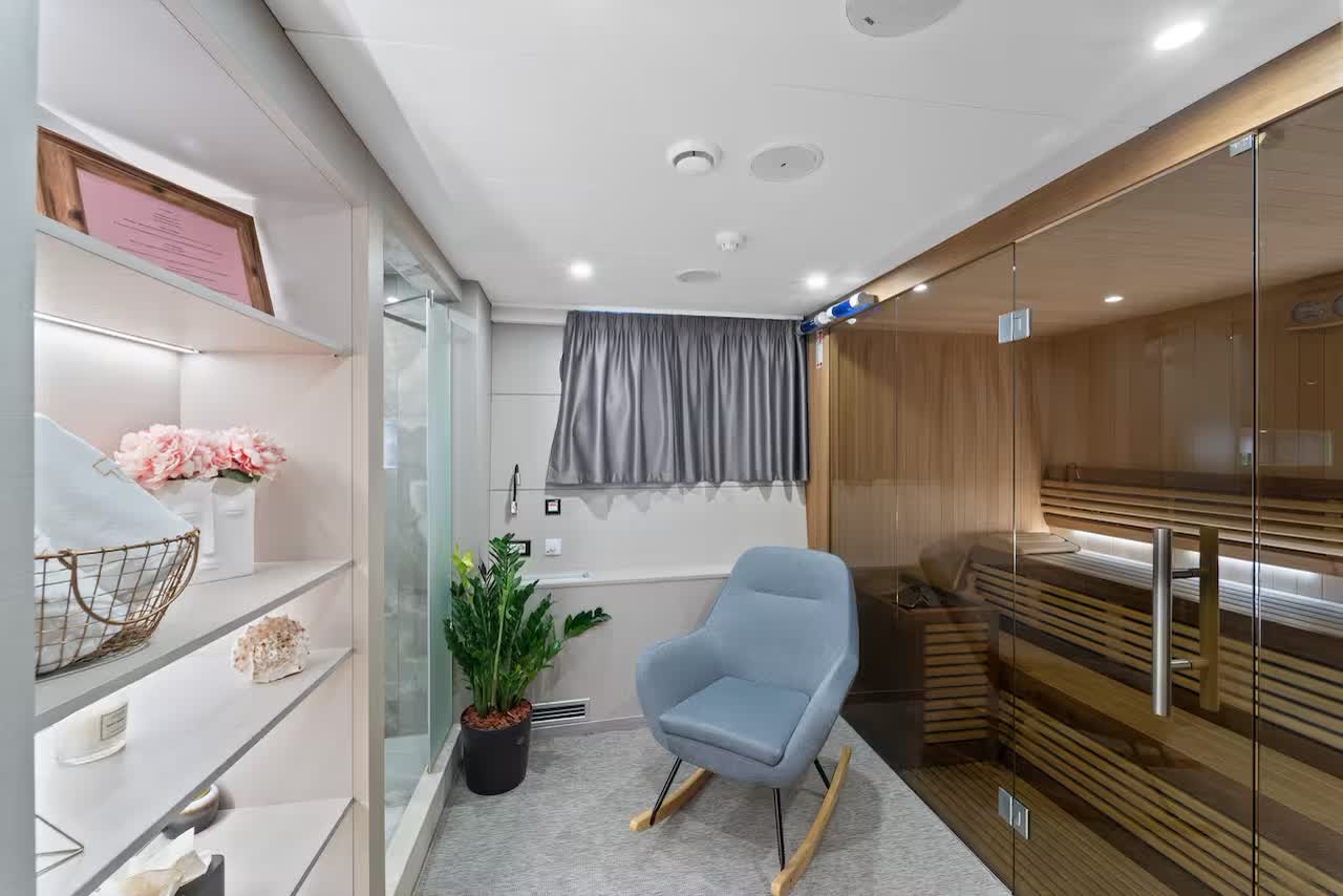 Freedom's spa area with wooden sauna