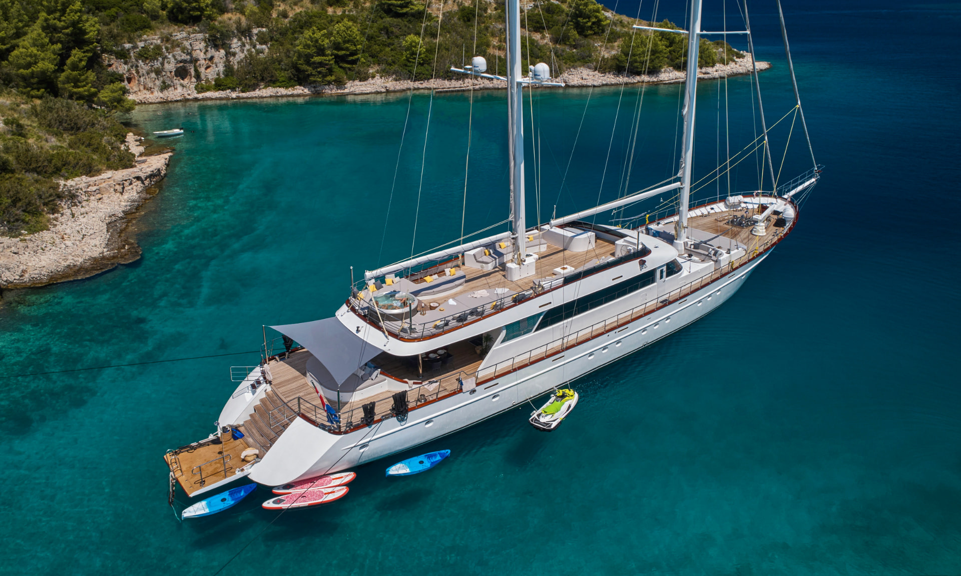 Lady Gita seen from the air in a quiet Croatian bay