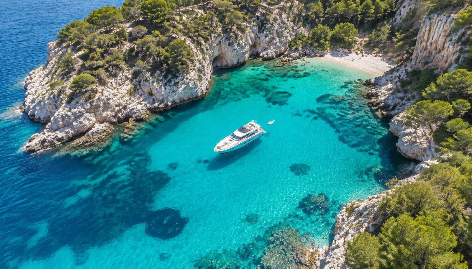 Yacht in a turquoise cala in Mallorca