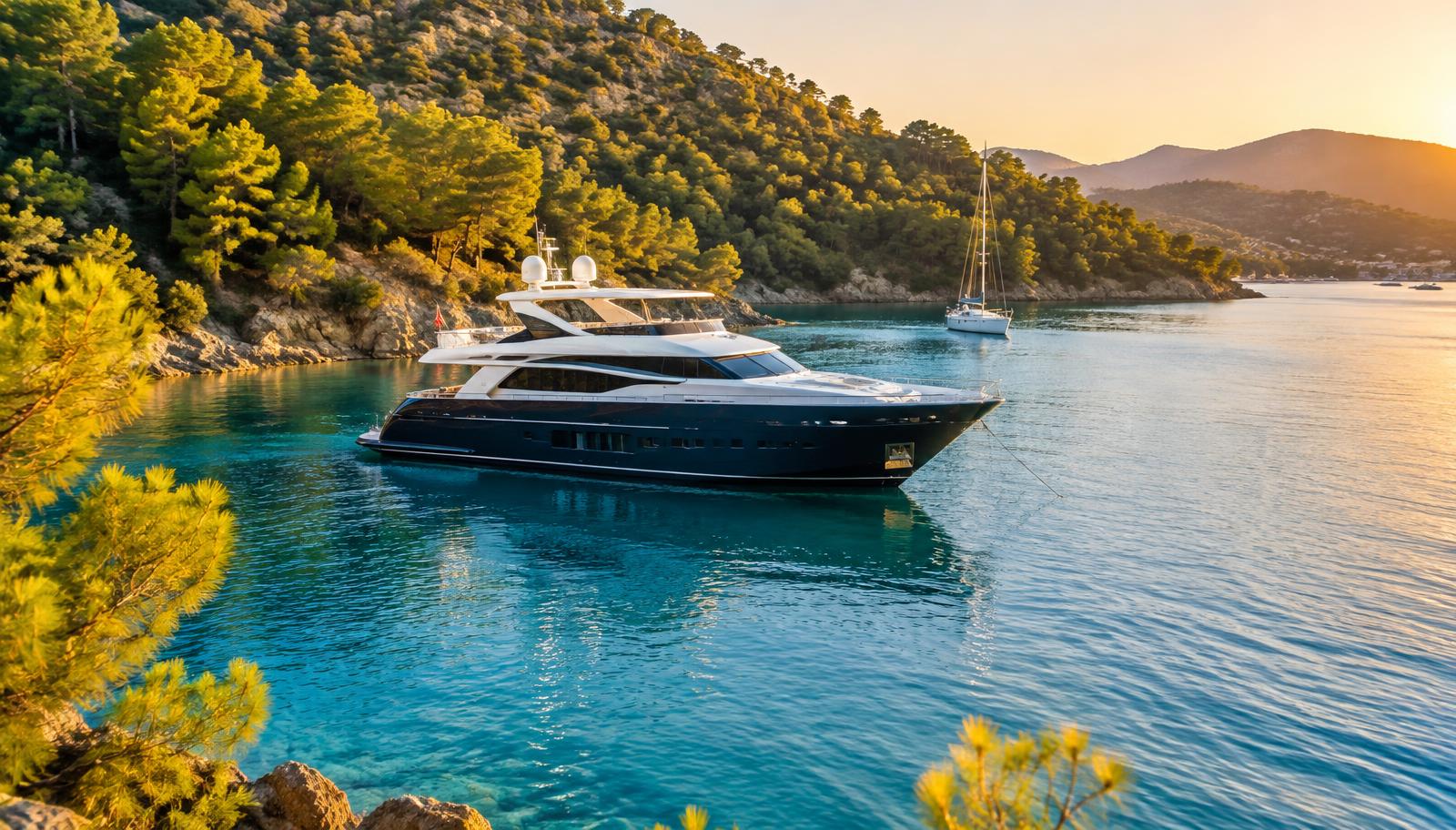 Yacht anchored in a turquoise bay on the Turkish coast
