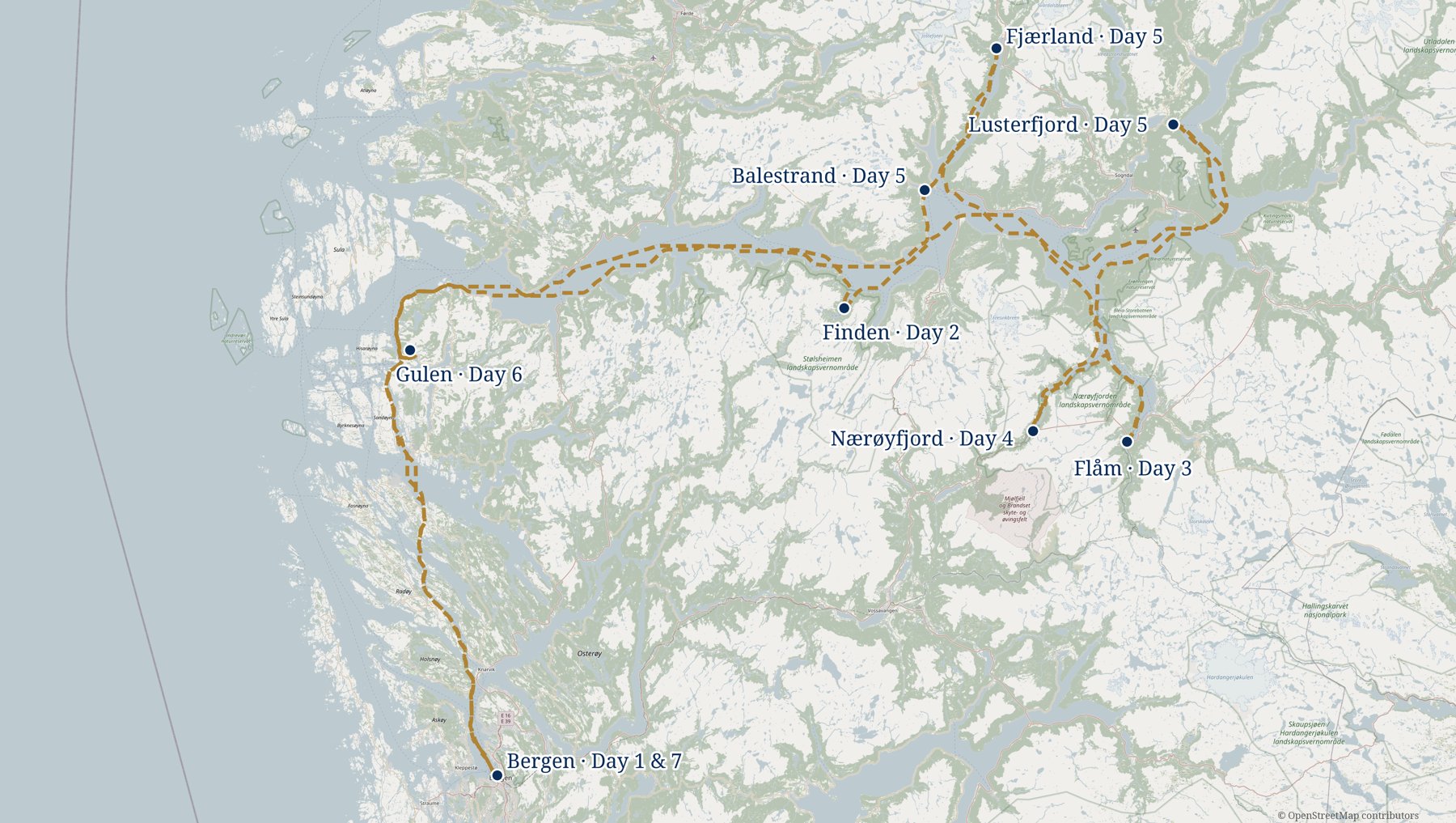 Map of the seven-day route from Bergen through the Sognefjord and back via Gulen